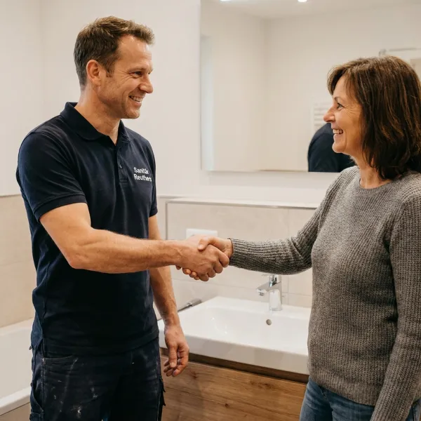 Sanitärmeister übergibt fertige Reparatur an zufriedene Kundin